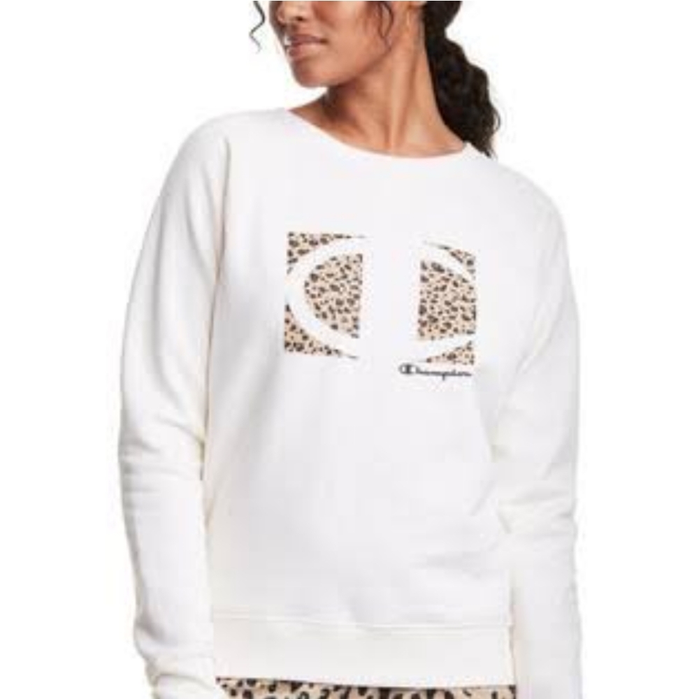 Champions Cream Fleece Sweatshirt Leopard Print Logo Women's XL NWT